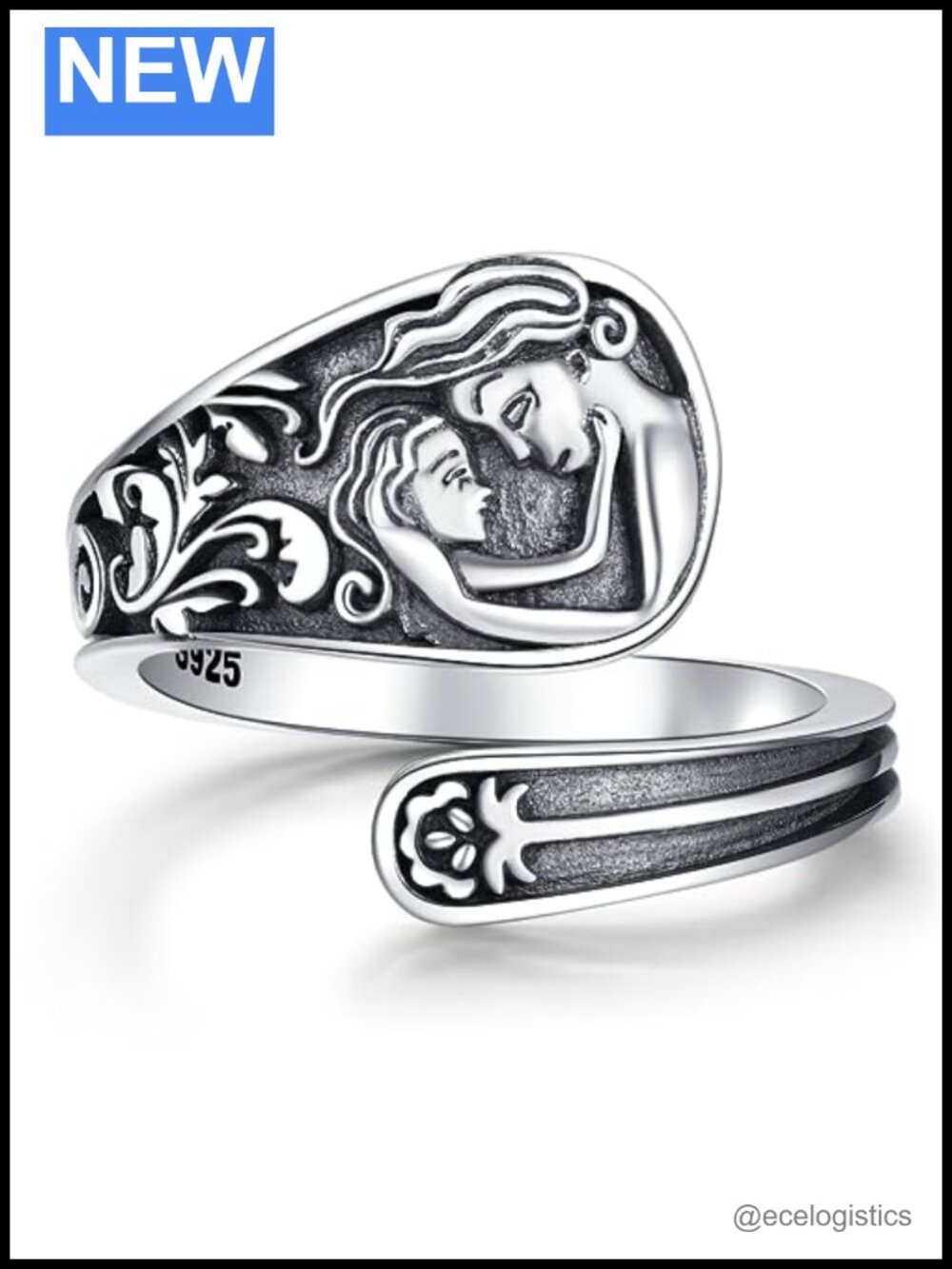 925 Sterling Silver Spoon Ring Adjustable Statement Vintage Victorian Jewelry